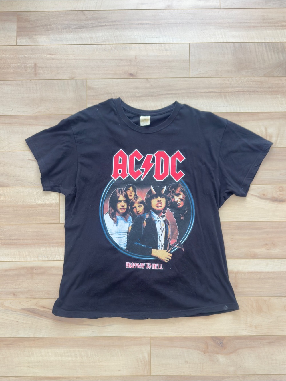 AC/DC Black Tee with Red Logo and Multicolor Band Graphic